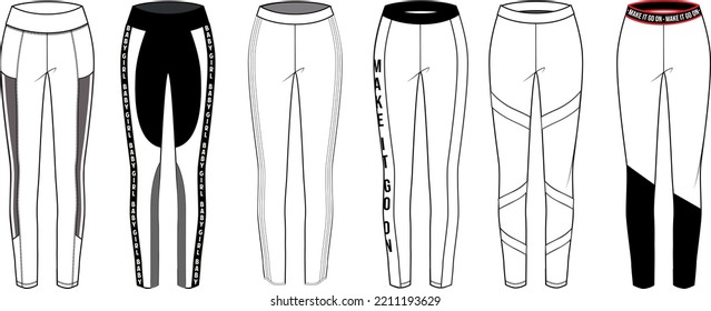 Slim Fit Leggings Pants Fashion Flat Sketch Vector Illustration Template Front, Back And Side View Isolated On White Background. Girls Long Legging Mockup For Women's Unisex CAD.