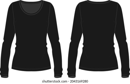 Slim fit long sleeve t shirt overall technical fashion flat sketch template for ladies. Apparel  Cotton jersey vector illustration drawing Black color mockup. Clothing t shirt design for women's