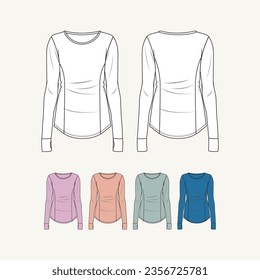 Slim fit long sleeve t shirt overall technical fashion flat sketch template for ladies. Apparel Cotton jersey vector illustration drawing mockup. Clothing t shirt design for women's