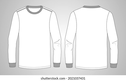 Slim fit long sleeve T-shirt technical Sketch fashion Flat Template With Round neckline. Vector illustration basic apparel design front and Back view. Easy edit and customizable.