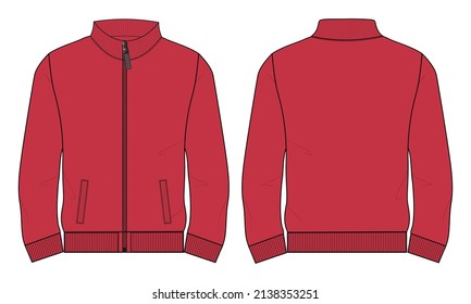 Slim fit with Long sleeve and zipper jacket overall fashion technical flat sketch vector template in windcheater front and back view. Apparel Jacket Flat drawing vector Red Color mock up.
