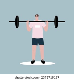 Slim, fit male athlete weightlifter training. Sports equipment activity. Athletic brunette young man lifting, raise weight, strength workout. Vector illustration