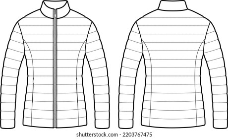 Slim fit quilted jacket flat sketch. Outerwear apparel design. Front back. Women CAD mockup. Fashion technical drawing template. Vector illustration. 