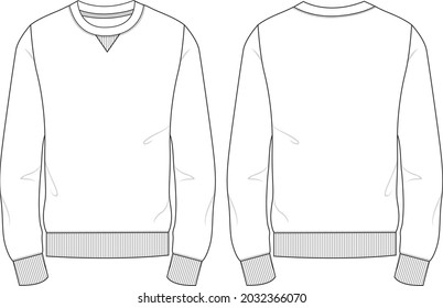Slim fit Round neck Long sleeve Sweatshirt fashion Flat Sketches technical drawing vector template For men's. Apparel dress design mockup CAD illustration. Sweater fashion design isolated on white.