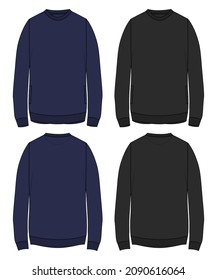 Slim fit Round neck Long sleeve Sweatshirt technical fashion Flats Sketches drawing vector template For men's. Apparel design black, Navy Color mock up CAD illustration. 