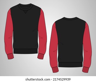 Slim fit Round neck Long sleeve Sweatshirt fashion Flat Sketches technical drawing vector template For men's. Apparel dress design mock up CAD illustration. Sweater fashion design Black Color mock up