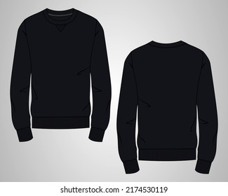 Slim fit Round neck Long sleeve Sweatshirt fashion Flat Sketches technical drawing vector template For men's. Apparel dress design mock up CAD illustration. Sweater fashion design Black Color mock up