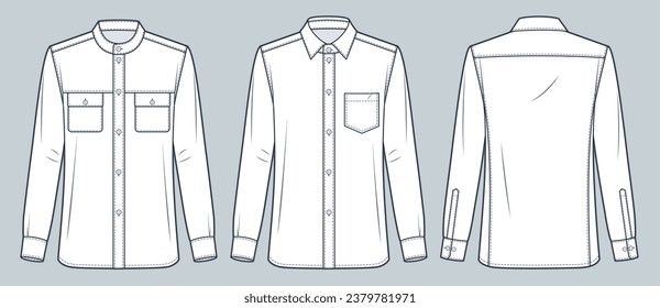 Slim fit Shirt technical fashion Illustration. Classic Shirt fashion technical drawing template, button down, different collars, pockets, front, back view, white, women, men, unisex CAD mockup set. 