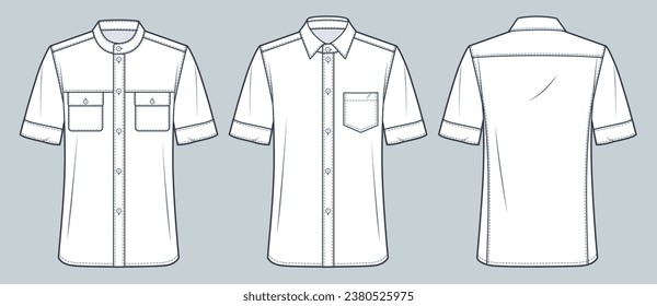 Slim fit Shirt technical fashion Illustration. Short Sleeve Shirt fashion flat technical drawing template, different collars and pockets, front, back view, white, women, men, unisex CAD mockup set.
