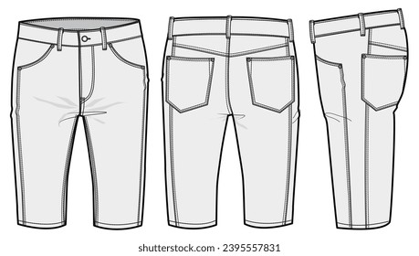 Slim Fit Three Quarter Short Denim Front, Back and Side View. Fashion Flat Sketch Vector Illustration, CAD, Technical Drawing, Flat Drawing, Template, Mockup.