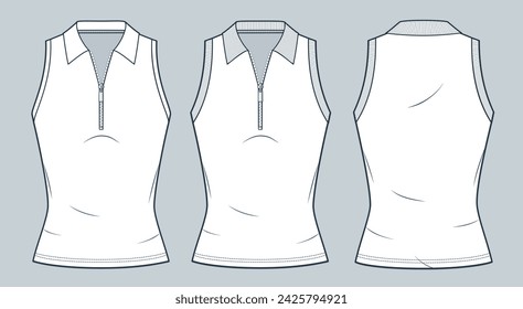 Slim Fit Top technical fashion illustration. Half Zip Top fashion flat technical drawing template, polo collar, front and back view, white, women, men, unosex CAD mockup set.