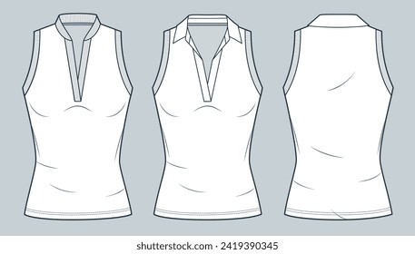 Slim Fit T-Shirt technical fashion illustration. Sleeveless Top fashion flat technical drawing template, v neck, polo collar, front and back view, white, women Polo Shirt CAD mockup set.