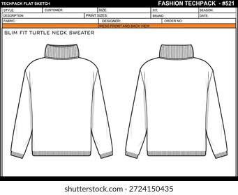 SLIM FIT TURTLE NECK SWEATER EASY EDITABLE EMPTY TECHPACK LAYOUT TEMPLATE DESIGN
