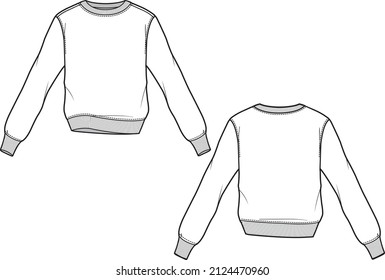 Slim Fit Unisex Basic Sweatshirt. Technical fashion sweatshirt illustration. Flat apparel sweat template front and back, white colour. Unisex CAD mock-up.
