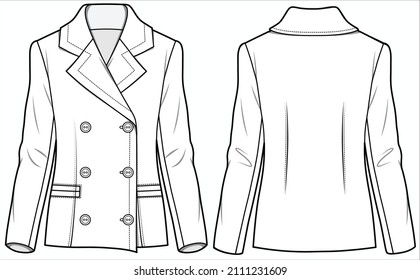 BLAZER DOBLE DE COLLAR DOBLE DE BOLSA DE LÍNEA DE LÍNEA DE LÍNEA DELGADA PARA MUJERES EMPRESARIAS EN ARCHIVO DE VECTOR EDITORIAL