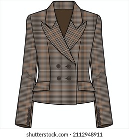 SLIM FIT WIDE NOTCH COLLAR DOULE BREASTED BROWN CHECK BLAZER FOR WOMEN CORPORATE WEAR VECTOR