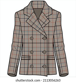 SLIM FIT WIDE NOTCH COLLAR  DOUBLE BREASTED HERITAGE CHECK BLAZER FOR WOMEN CORPORATE WEAR VECTOR