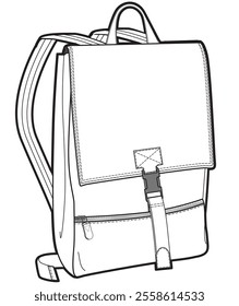 Slim flap backpack flat sketch vector illustration technical cad drawing template