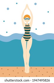 Slim and funny swimmer in a striped swimsuit on the golden beach with blue waves