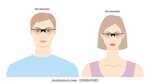 Gafas de marco geométrico delgadas en la ilustración de accesorios de moda de carácter plano para mujeres y hombres. Vista frontal de vidrio solar estilo de silueta unisex, anteojos de gafas de lente, contorno de estilo de esbozo aislado
