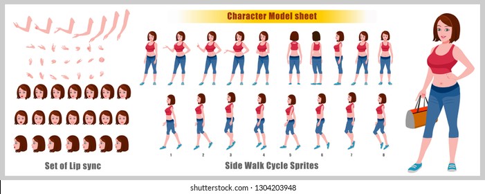 Slim Girl Character Model Sheet With Walk Cycle Animation. Flat Character Design. Front, Side, Back View Animated Character. Character Creation Set With Various Views, Face Emotions,poses And Gestures