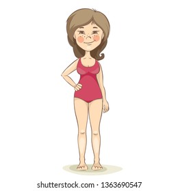 Slim girl. Funny young woman in a pink bathing suit, vector illustration.