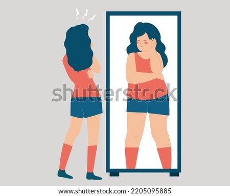 Slim girl has low self confidence and esteem, Anorexia Disorder. Skinny woman looking at the mirror seeing herself as fat. Influence of unhealthy or food Nutrition on the body. Mental disorder concept