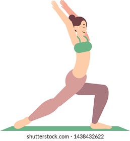 Slim girl holding hands up doing warrior yoga pose. Adult woman practicing asana. Female person meditating stretching body. Active leisure for health. Flat cartoon vector illustration