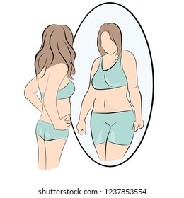 

slim girl looks in the mirror and sees himself fat. vector illustration.
