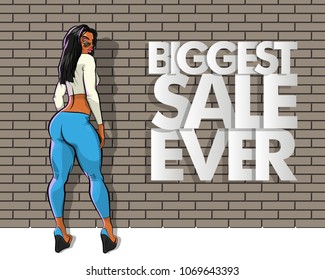 Slim girl on the background "Biggest sale ever" banner. Sexy woman in front of school board banner.