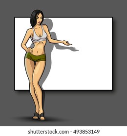 Slim girl on the background of an empty banner. Sexy woman in front of school board. Elegant lady on the background of pure advertising poster
