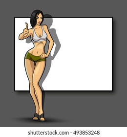 Slim girl on the background of an empty banner. Sexy woman in front of school board. Elegant lady on the background of pure advertising poster

