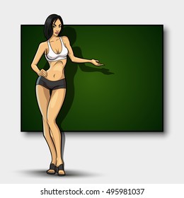 Slim girl on the background of an empty banner. Sexy woman in front of school board. Elegant lady on the background of pure advertising poster

