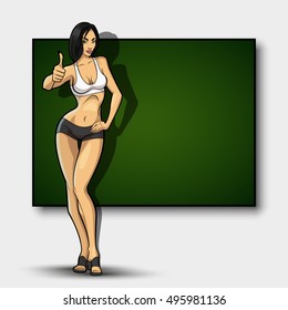 Slim girl on the background of an empty banner. Sexy woman in front of school board. Elegant lady on the background of pure advertising poster
