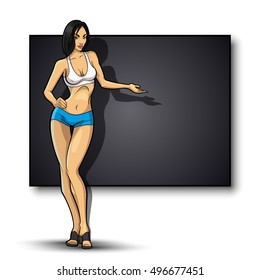 Slim girl on the background of an empty banner. Sexy woman in front of school board. Elegant lady on the background of pure advertising poster
