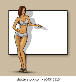 Slim girl on the background of an empty banner. Sexy woman in front of school board. Elegant lady on the background of pure advertising poster