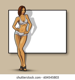 Slim girl on the background of an empty banner. Sexy woman in front of school board. Elegant lady on the background of pure advertising poster