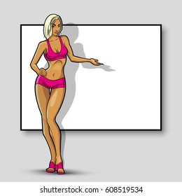 Slim girl on the background of an empty banner. Sexy woman in front of school board. Elegant lady on the background of pure advertising poster