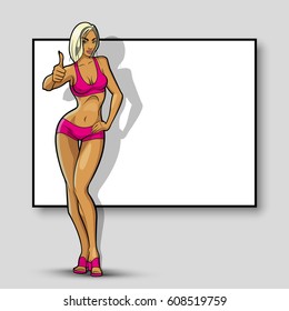 Slim girl on the background of an empty banner. Sexy woman in front of school board. Elegant lady on the background of pure advertising poster