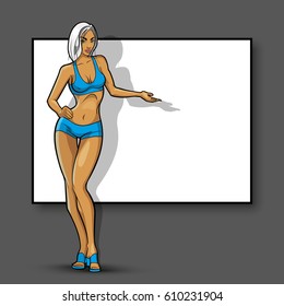 Slim girl on the background of an empty banner. Sexy woman in front of school board. Elegant lady on the background of pure advertising poster
