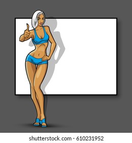 Slim girl on the background of an empty banner. Sexy woman in front of school board. Elegant lady on the background of pure advertising poster