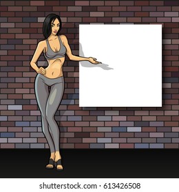 Slim girl on the background of an empty banner. Sexy woman in front of school board. Elegant lady on the background of pure advertising poster