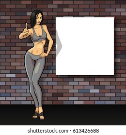 Slim girl on the background of an empty banner. Sexy woman in front of school board. Elegant lady on the background of pure advertising poster