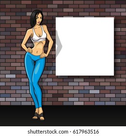 Slim girl on the background of an empty banner. Sexy woman in front of school board. Elegant lady on the background of pure advertising poster