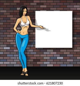 Slim girl on the background of an empty banner. Sexy woman in front of school board. Elegant lady on the background of pure advertising poster