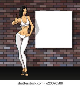 Slim girl on the background of an empty banner. Sexy woman in front of school board. Elegant lady on the background of pure advertising poster