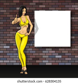 Slim girl on the background of an empty banner. Sexy woman in front of school board banner. Elegant lady on the background of pure advertising poster