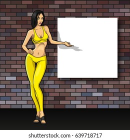 Slim girl on the background of an empty banner. Sexy woman in front of school board banner. Elegant lady on the background of pure advertising poster