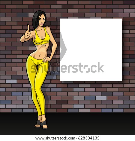 Slim girl on the background of an empty banner. Sexy woman in front of school board banner. Elegant lady on the background of pure advertising poster