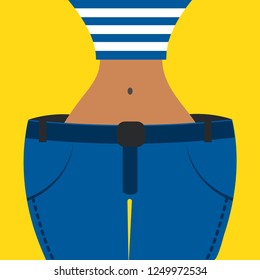 Slim girl in oversize jeans, weight loss, diet and train, slimming. Vector illustration